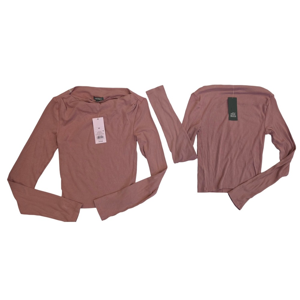 Wild Fable Ribbed Top Women XS Rose Boat Neck Long Sleeve Pleated Shoulder, 2 Pk